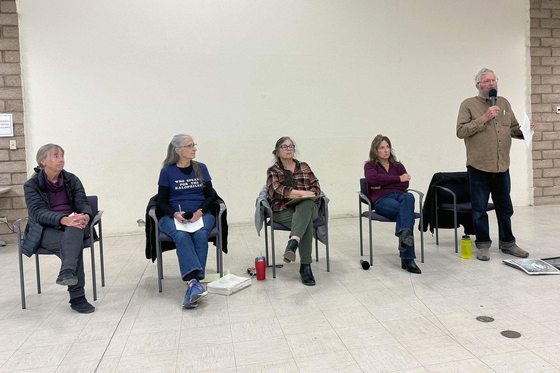 Speakers for the Sunday, Nov 17, 2024, environmental panel discussion included (left to right) Lynn Boulton, Chair, Sierra Club Range of Light Group; Nancy Masters and Mary Roper, Board Members, Owens Valley Commission; Wendy Schneider, Executive Director, Friends of the Inyo; and Michael Prather, Audubon wildlife advocate for Patsiata (Owens Lake).